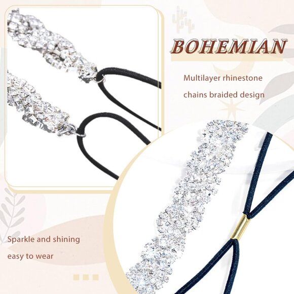 Rhinestone Homecoming Head Chain Jewelry Silver Sparkly Elastic Headband Forehea - Picture 6 of 9